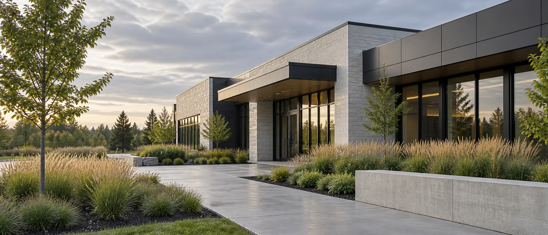 An illustrative contemporary low-rise property development with landscaped surroundings