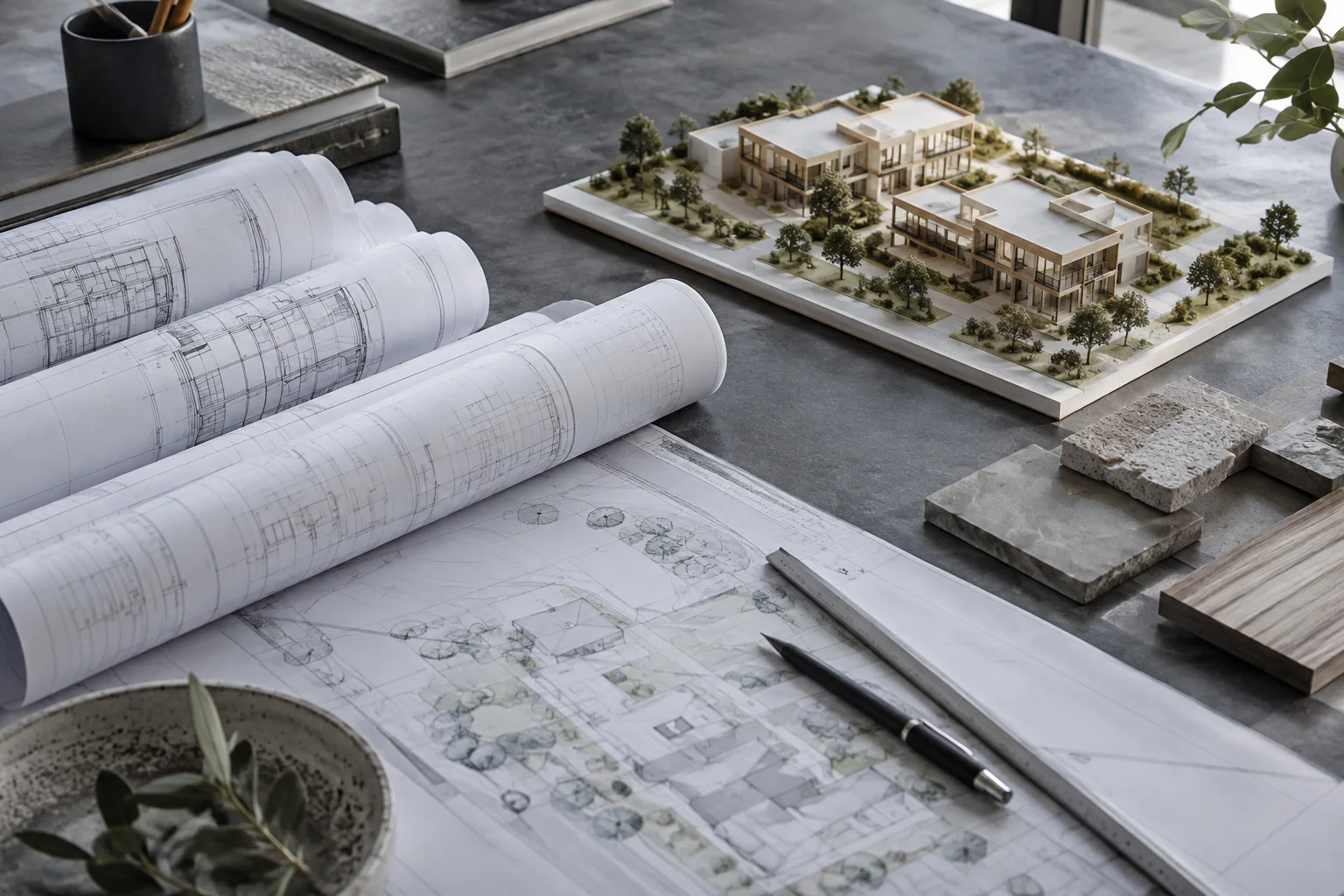 Illustrative architectural model with drawings and stone samples